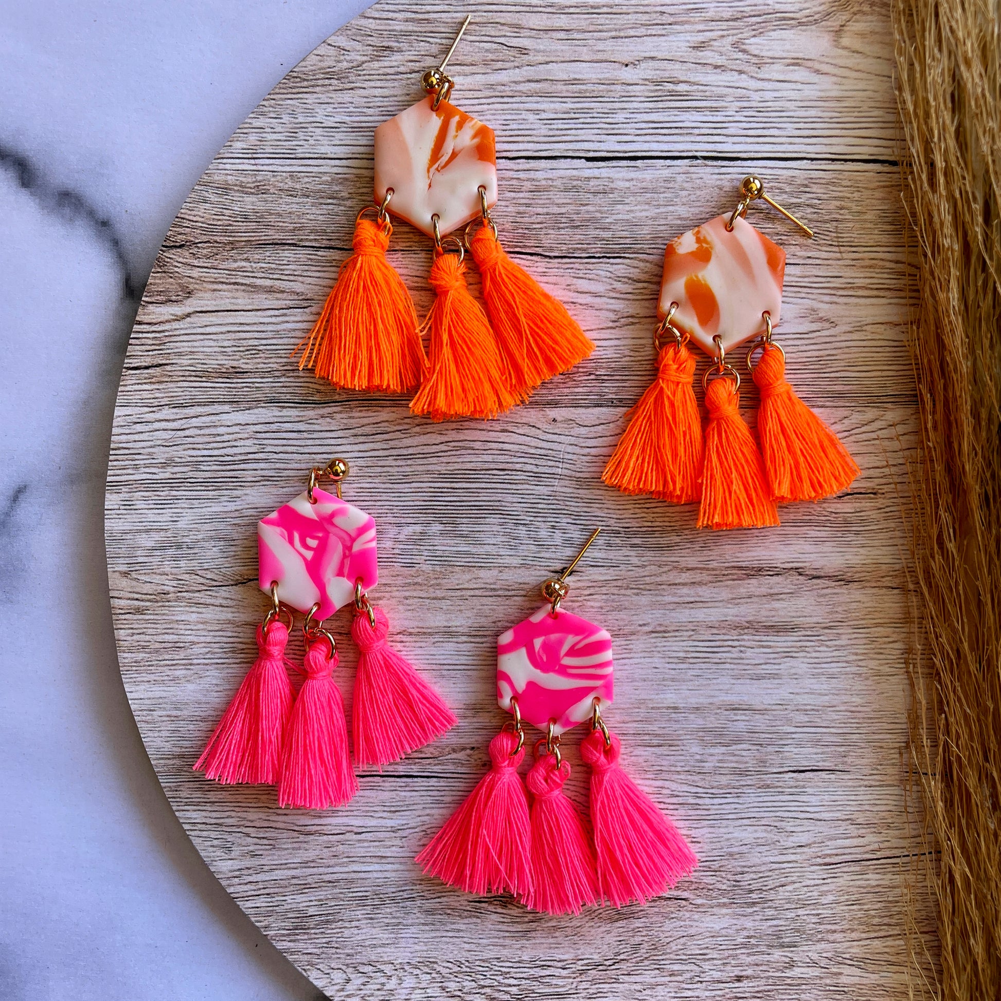 Polymer clay earrings with shop tassels